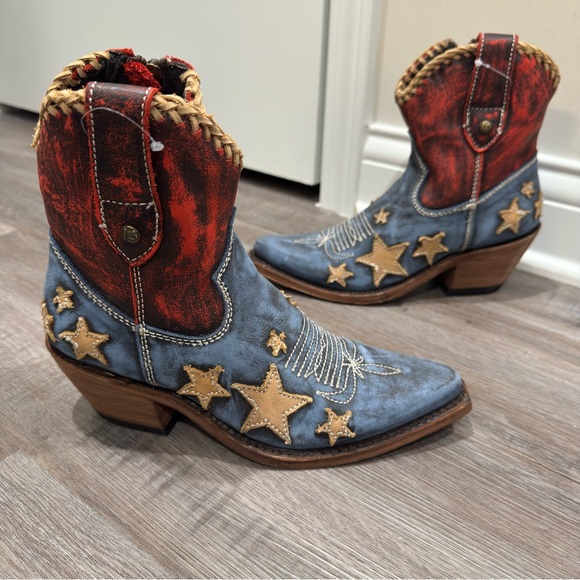 Liberty Black Azul Americana Flag Leather Cowboy Western Bootie Boots - Picture 2 of 13